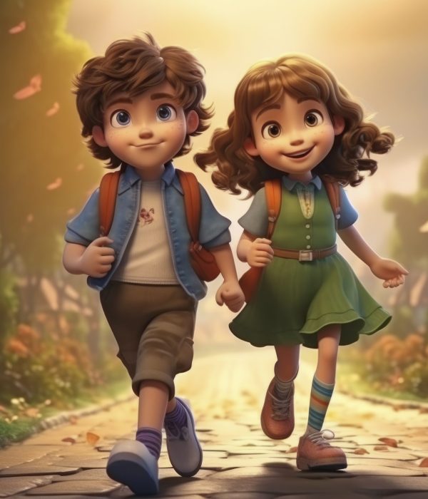 3d illustration, happy girl and boy, brown hair, green eyes, walking down the road with a seat, in the center of a fantasy world, children's book illustration design, colorful. ultra high quality, 8k, --ar 6:4 --style raw --v 5.2 Job ID: e1f90d67-1dc8-46e5-ba68-fed69d8d73e8